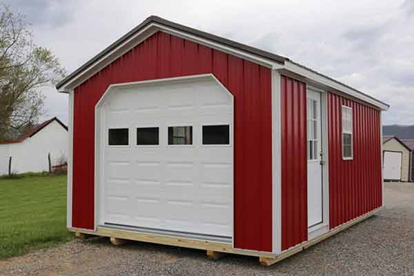 Red A-framed shed with optional slide-up garage door.
